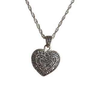 Y2K Gothic Heart Pendant Necklace Marcasite Style Silver Tone Chain‎ Jewelry